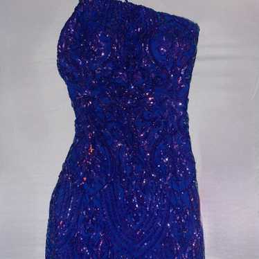 One shoulder blue sequin mini-dress