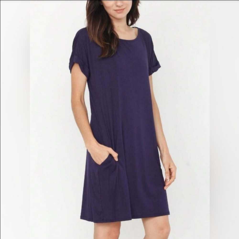 J. Jill Blue Folded Cuff Short Sleeve A Line Mini… - image 1