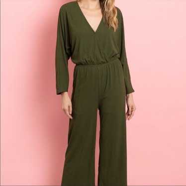 Long Sleeve V Neck Stretch Jumpsuit Olive Green