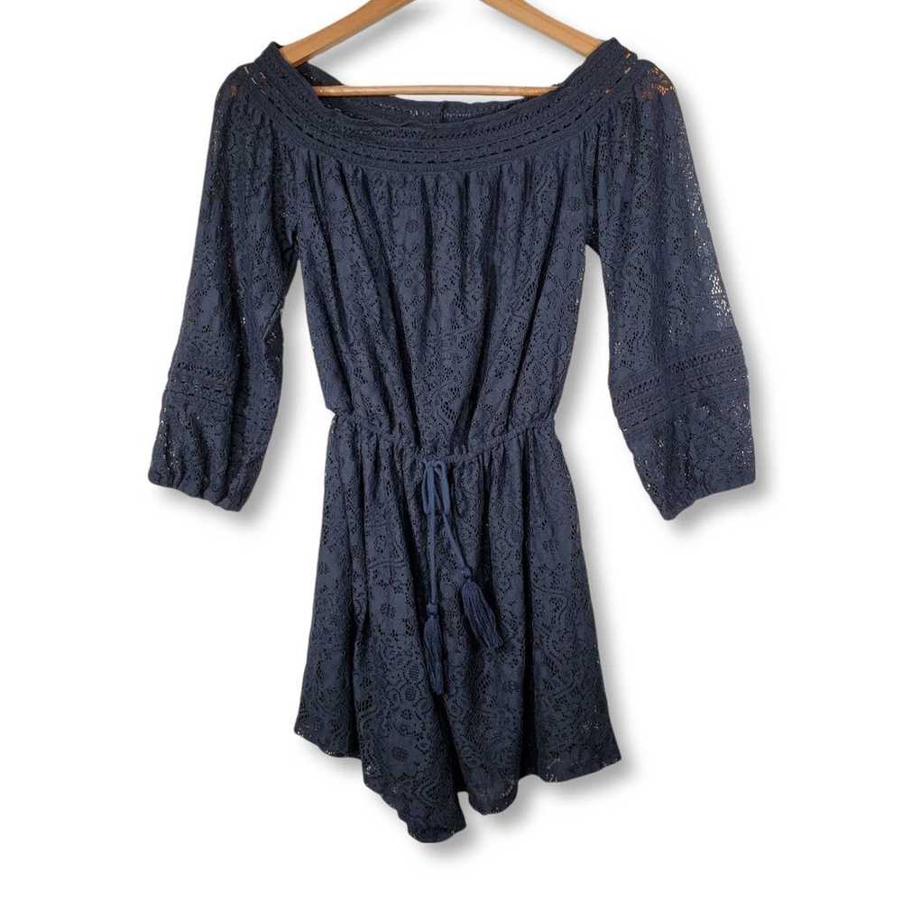 Hollister Off Shoulder Lace Romper Shorts Navy Si… - image 1