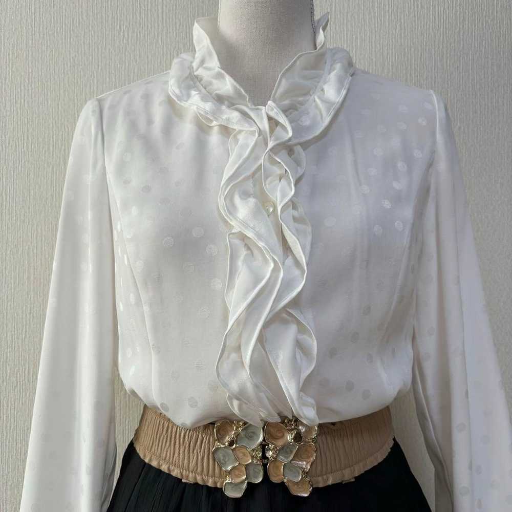 Vintage Sanyo Shokai Polka Dot Frill Blouse White - image 1