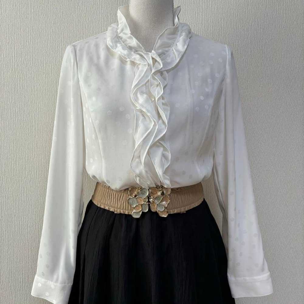 Vintage Sanyo Shokai Polka Dot Frill Blouse White - image 3