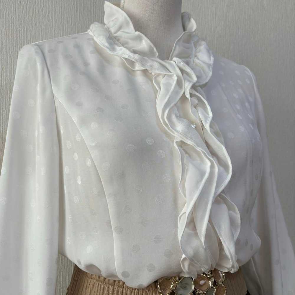 Vintage Sanyo Shokai Polka Dot Frill Blouse White - image 4