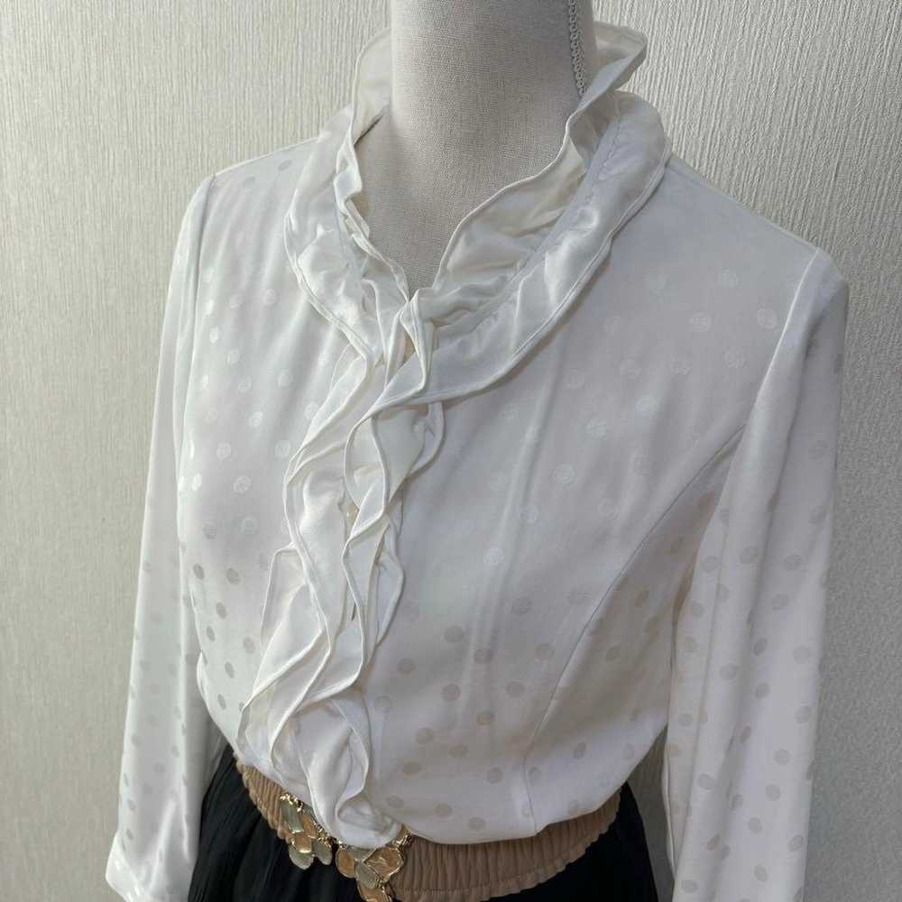 Vintage Sanyo Shokai Polka Dot Frill Blouse White - image 6