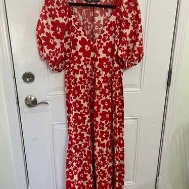 Zara red and white floral poplin maxi dress xxl