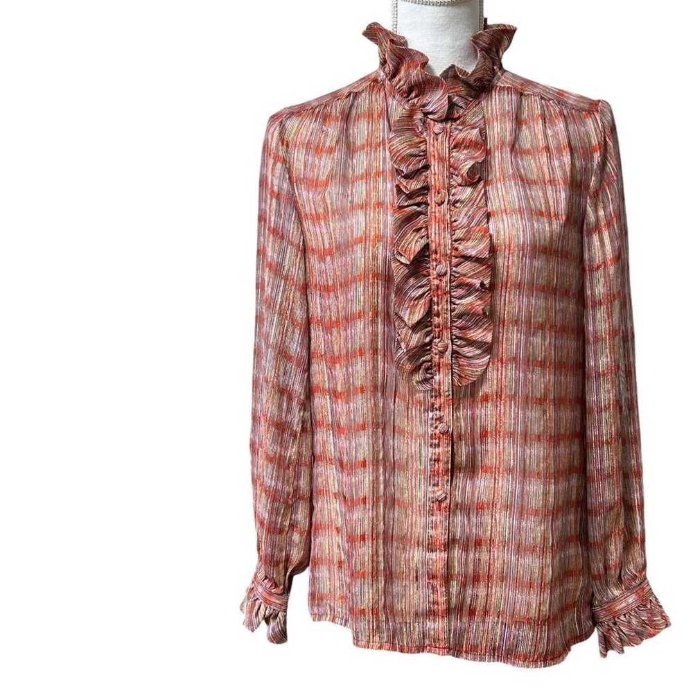 Vintage frill blouse, sheer, red, striped, shimme… - image 2