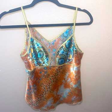 Y2K Silky Vintage Top Orange and Blue with Gold Tr