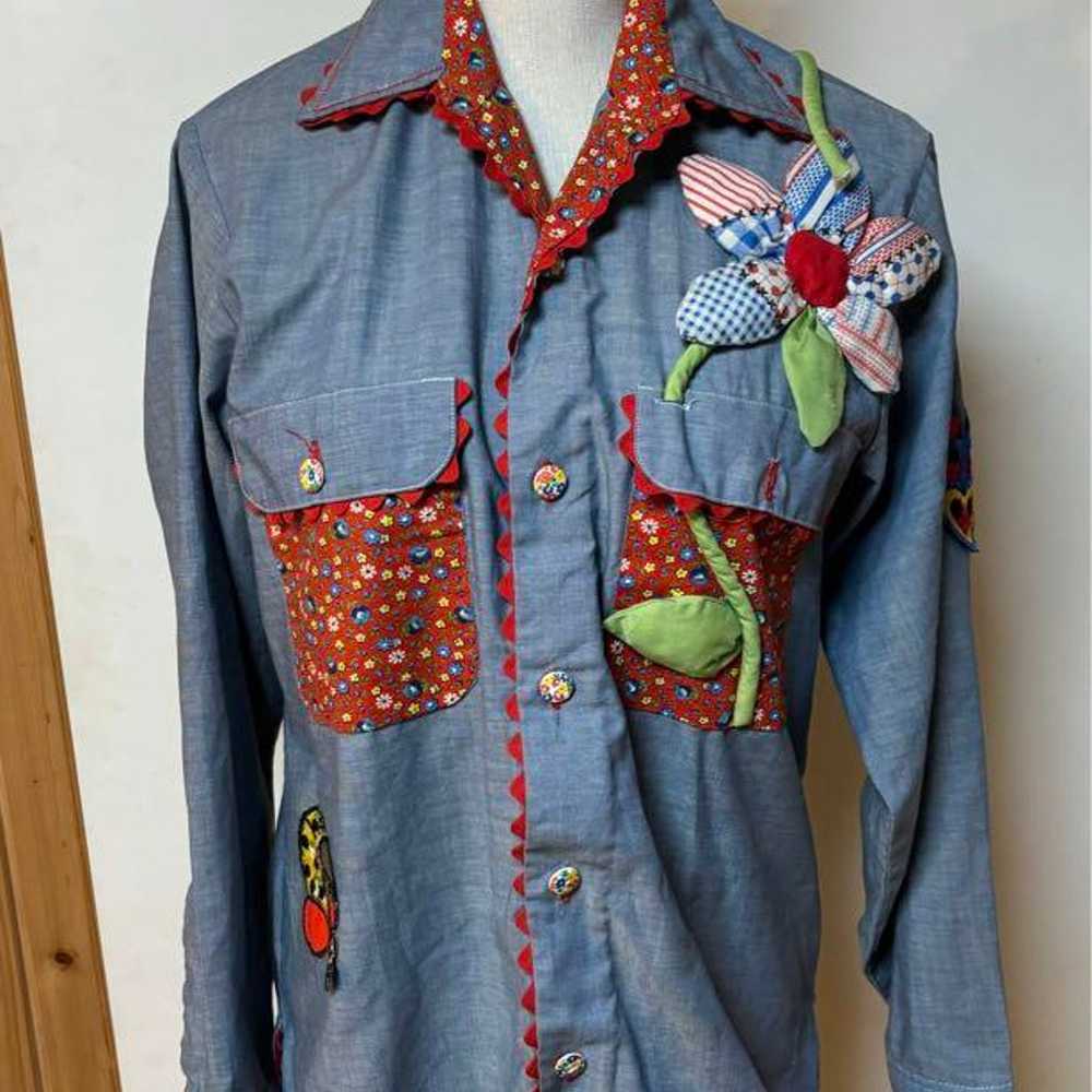 [Vintage] Chambray Shirt Blouse Patchwork Floral … - image 1