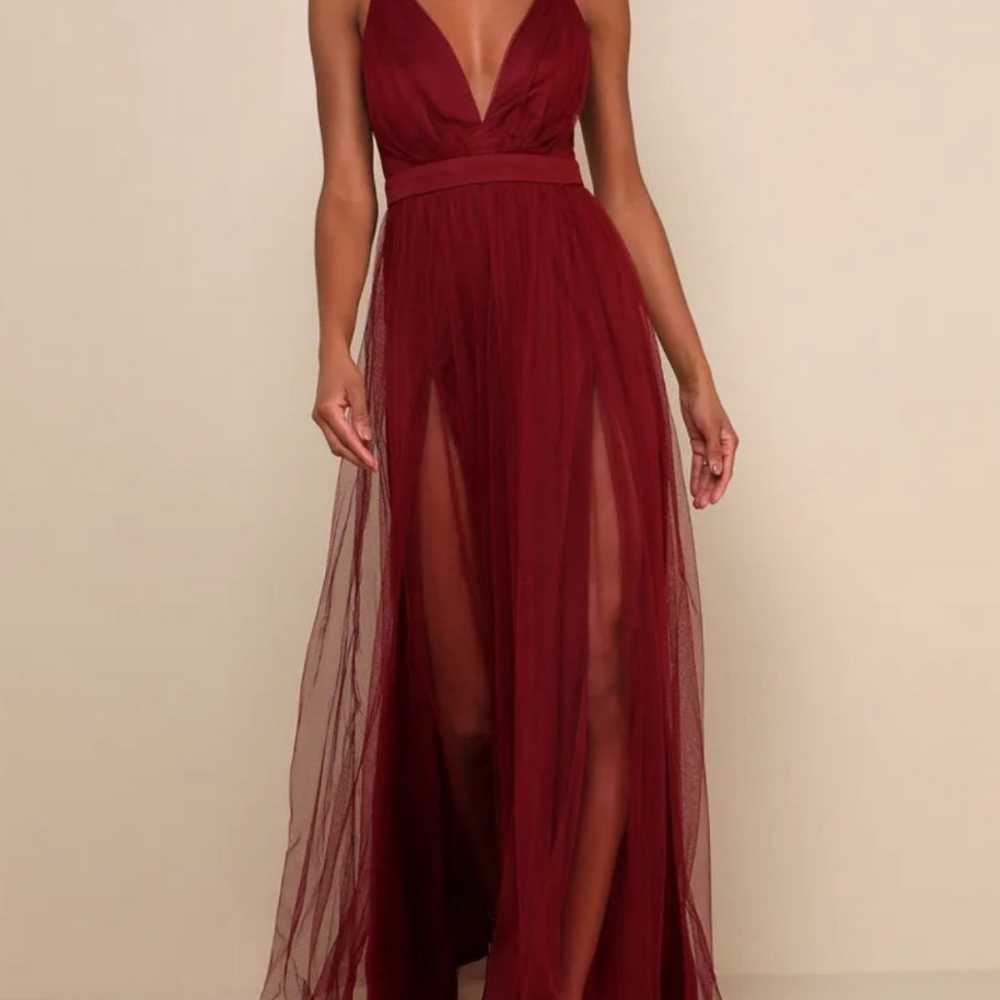 Lulus Rare Beauty Burgundy Tulle Backless Maxi Dr… - image 1