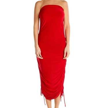 Club L London Red Strapless Side Ruched Midi Tube 