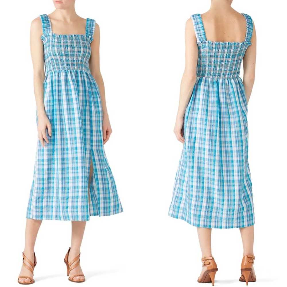 Nicholas Blue Plaid Smocked Apron Midi Dress Size… - image 1