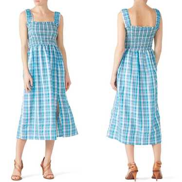 Nicholas Blue Plaid Smocked Apron Midi Dress Size… - image 1