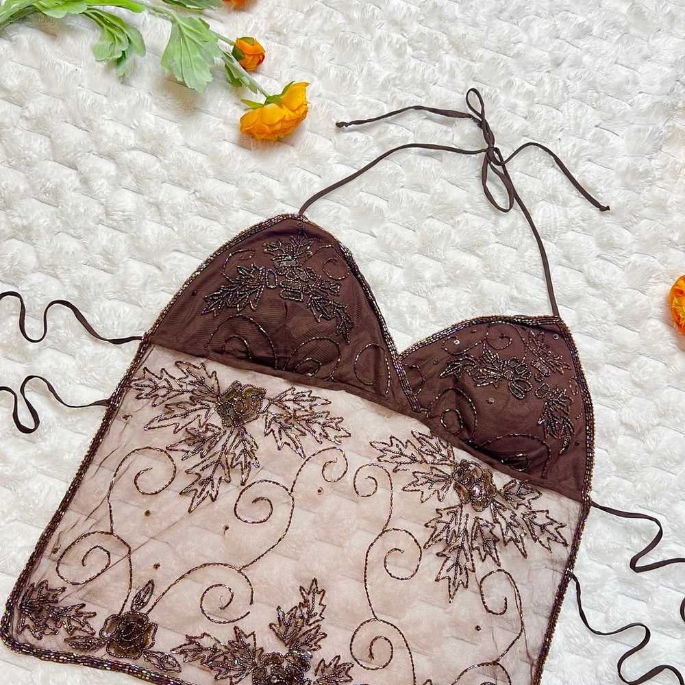 Y2K Vintage Brown Floral Beaded Halter Top - image 2