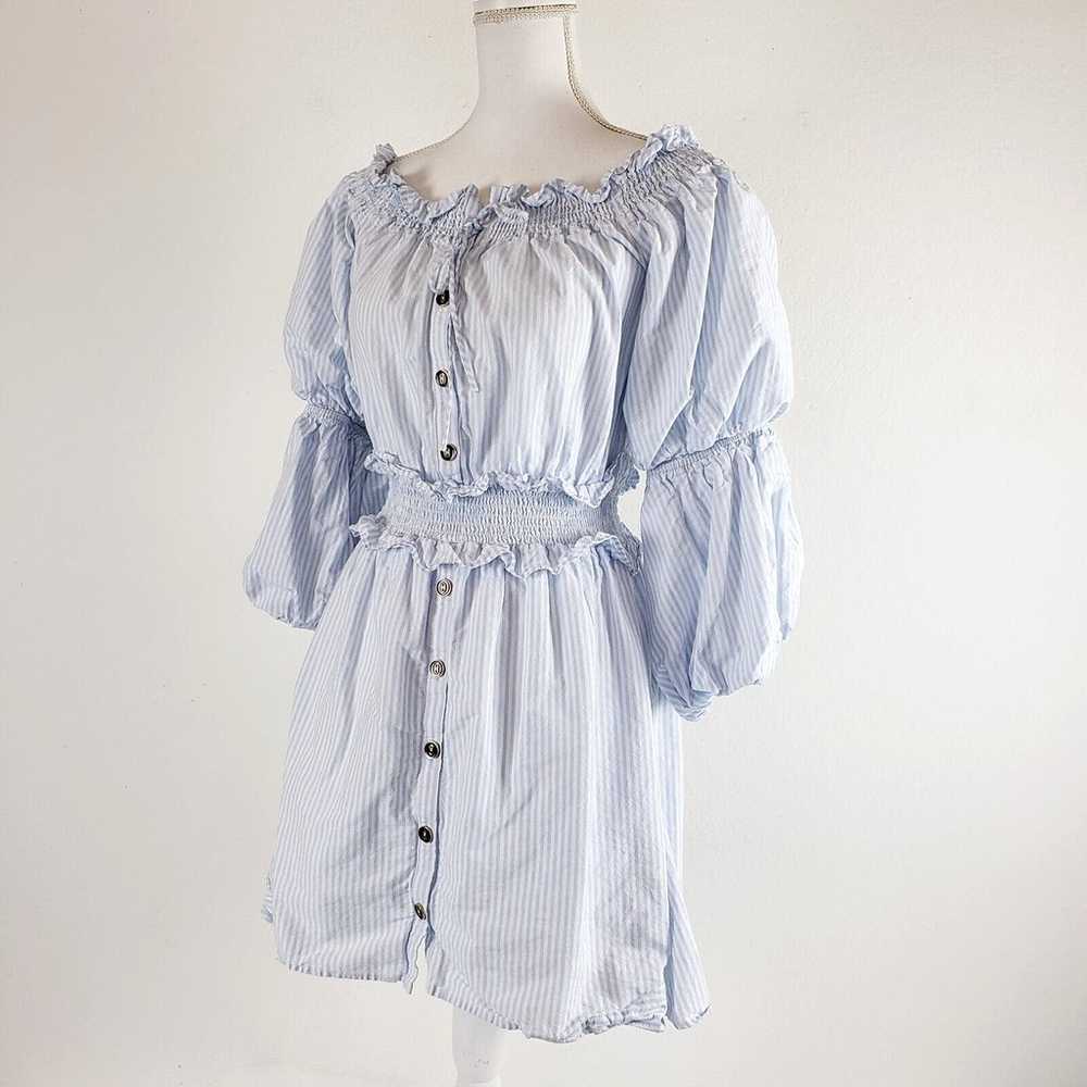 Gianni Bini SIZE L Blue White Striped Puff Sleeve… - image 2