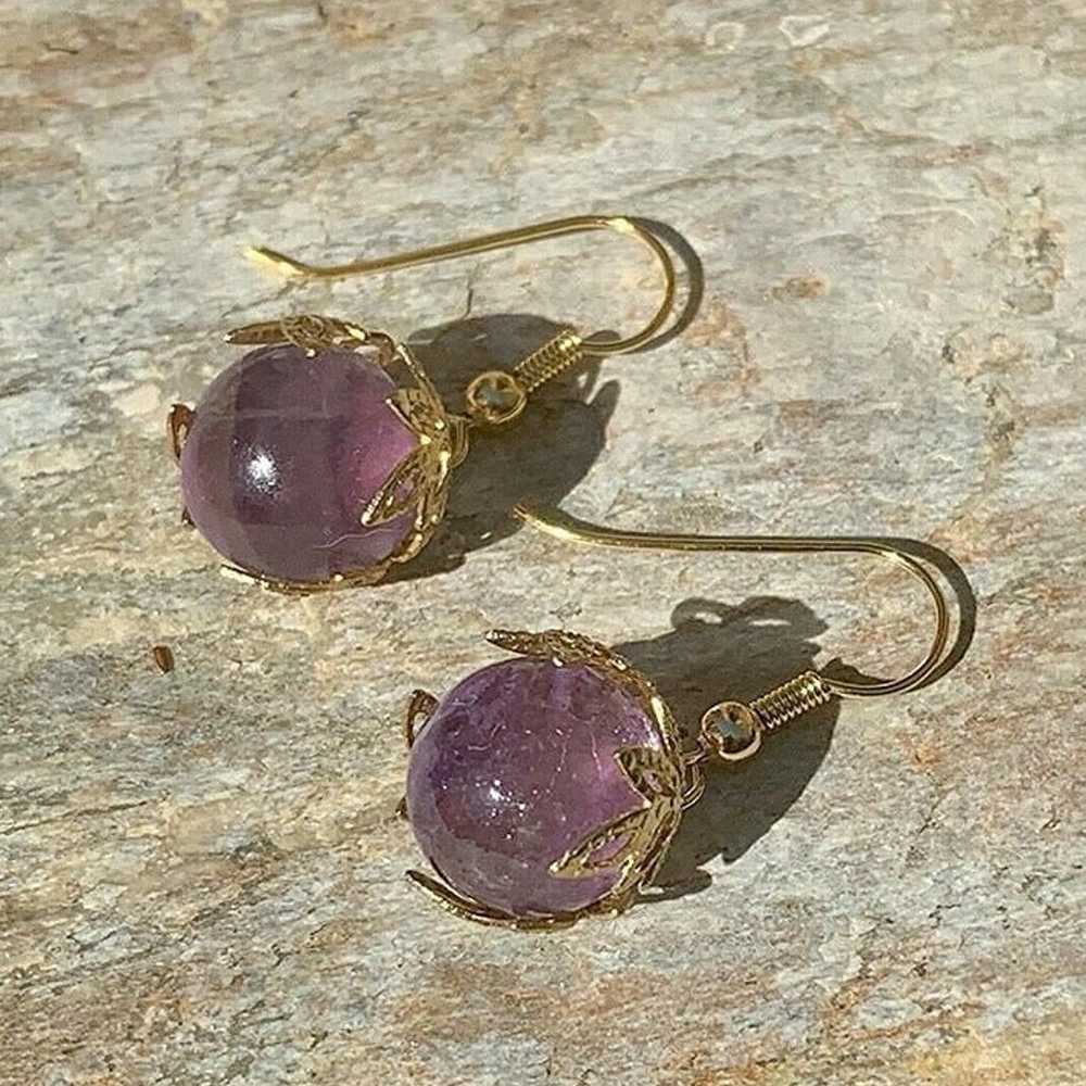 Fluorite Sphere Earrings Vintage Purple Crystal B… - image 3