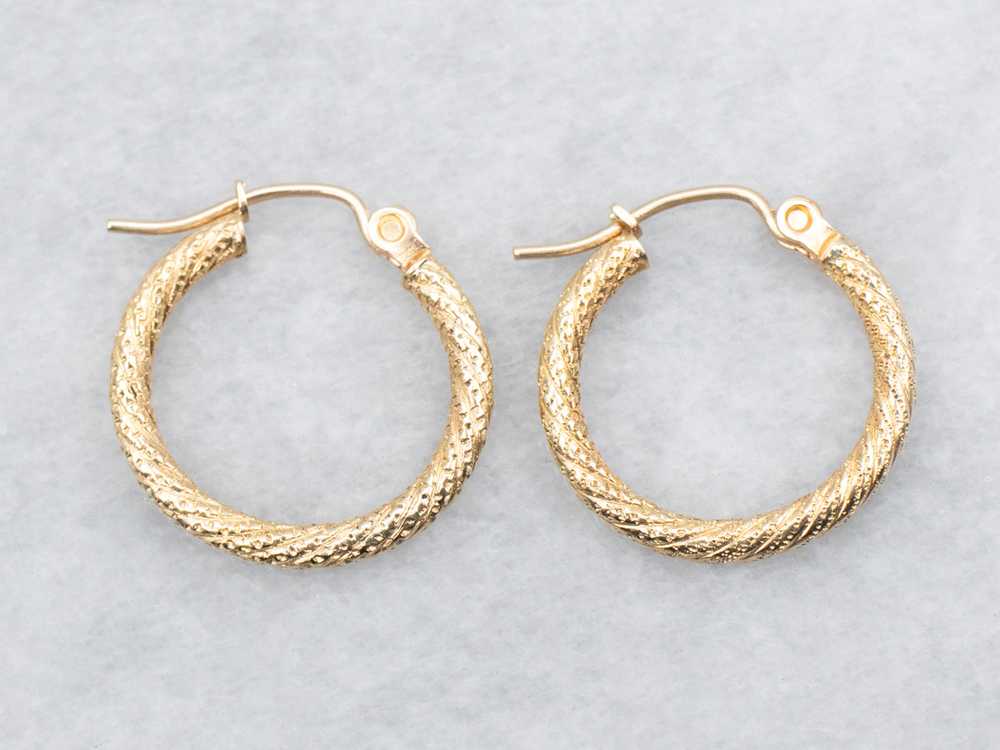 Yellow Gold Textured Hoop Earrings - image 1