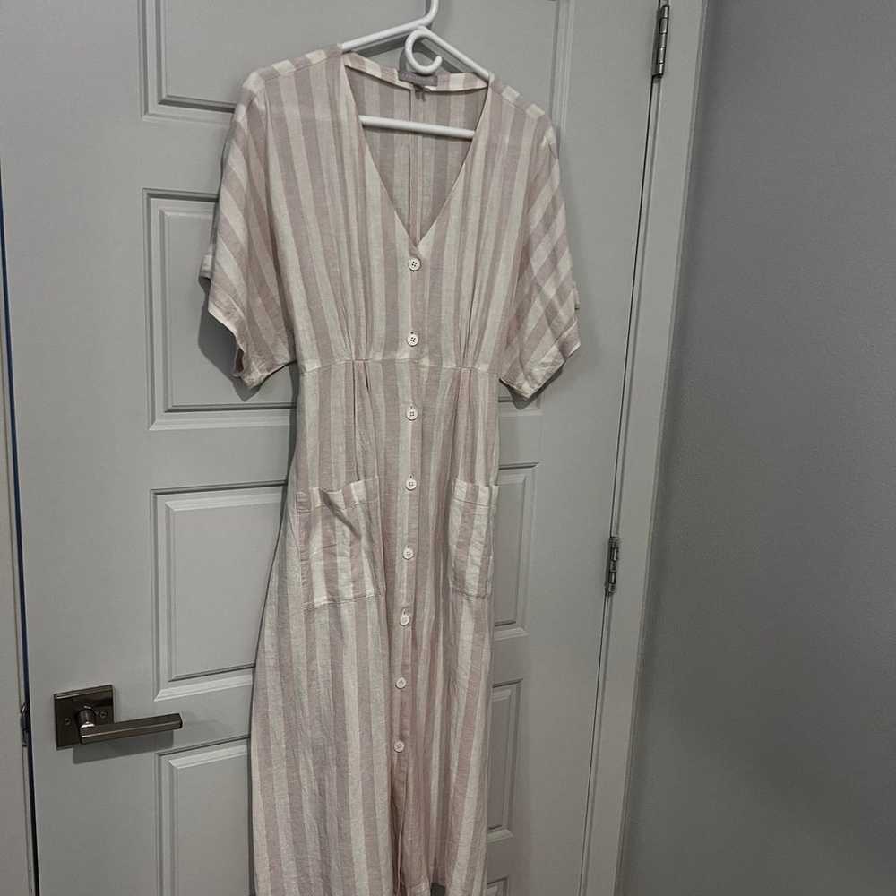 Chelsea28 | Ivory and pink striped midi linen dre… - image 1