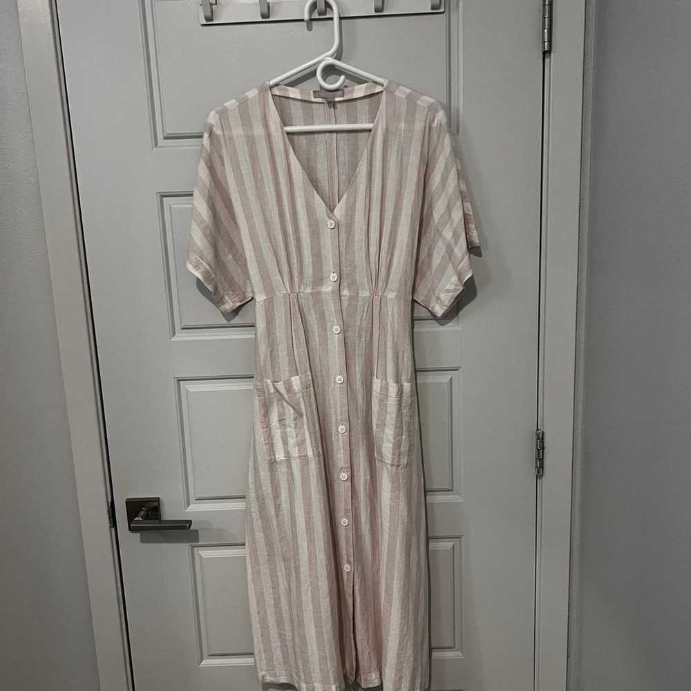 Chelsea28 | Ivory and pink striped midi linen dre… - image 2