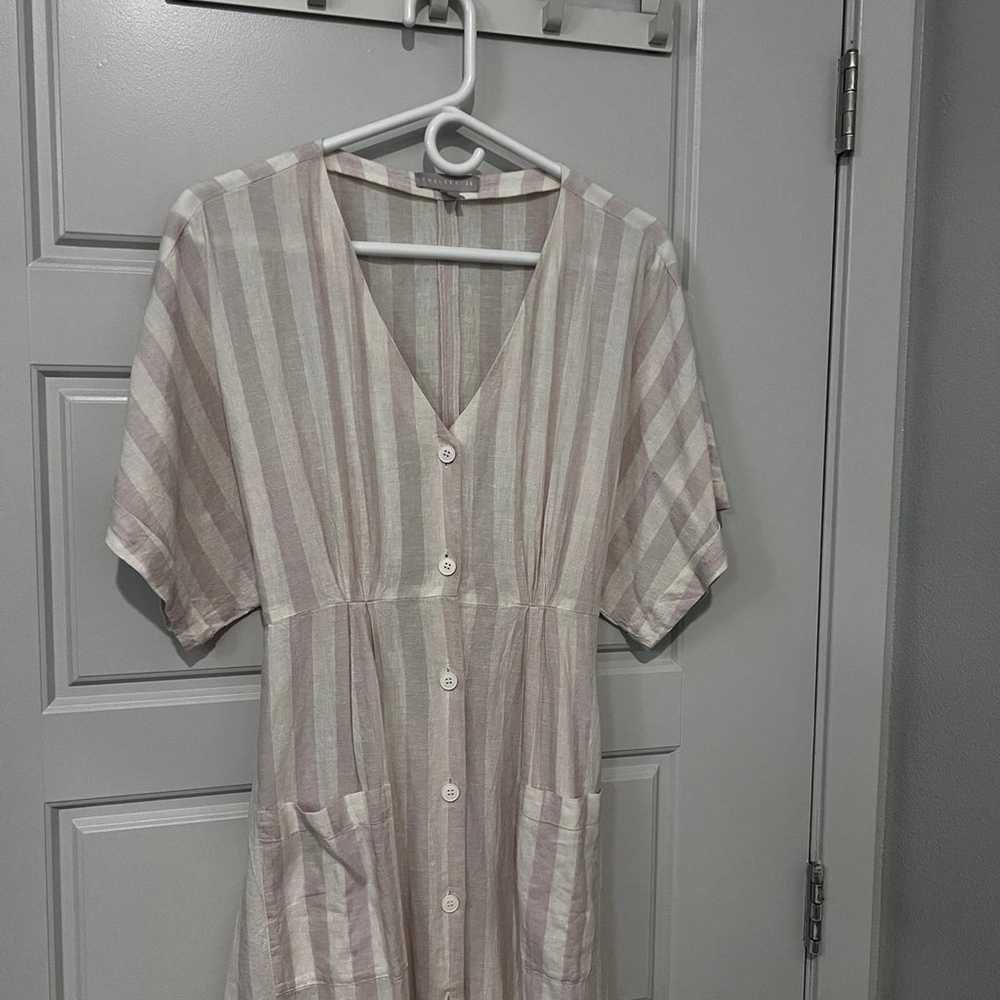 Chelsea28 | Ivory and pink striped midi linen dre… - image 3