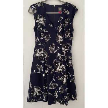 Vince Camuto Navy Blue Floral Fit Flare V Neck Str