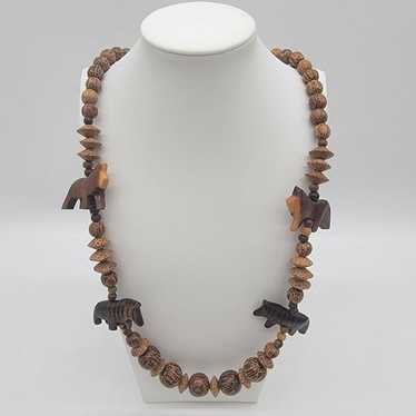 Vintage Hand Carved African Safari Wood Necklace … - image 1