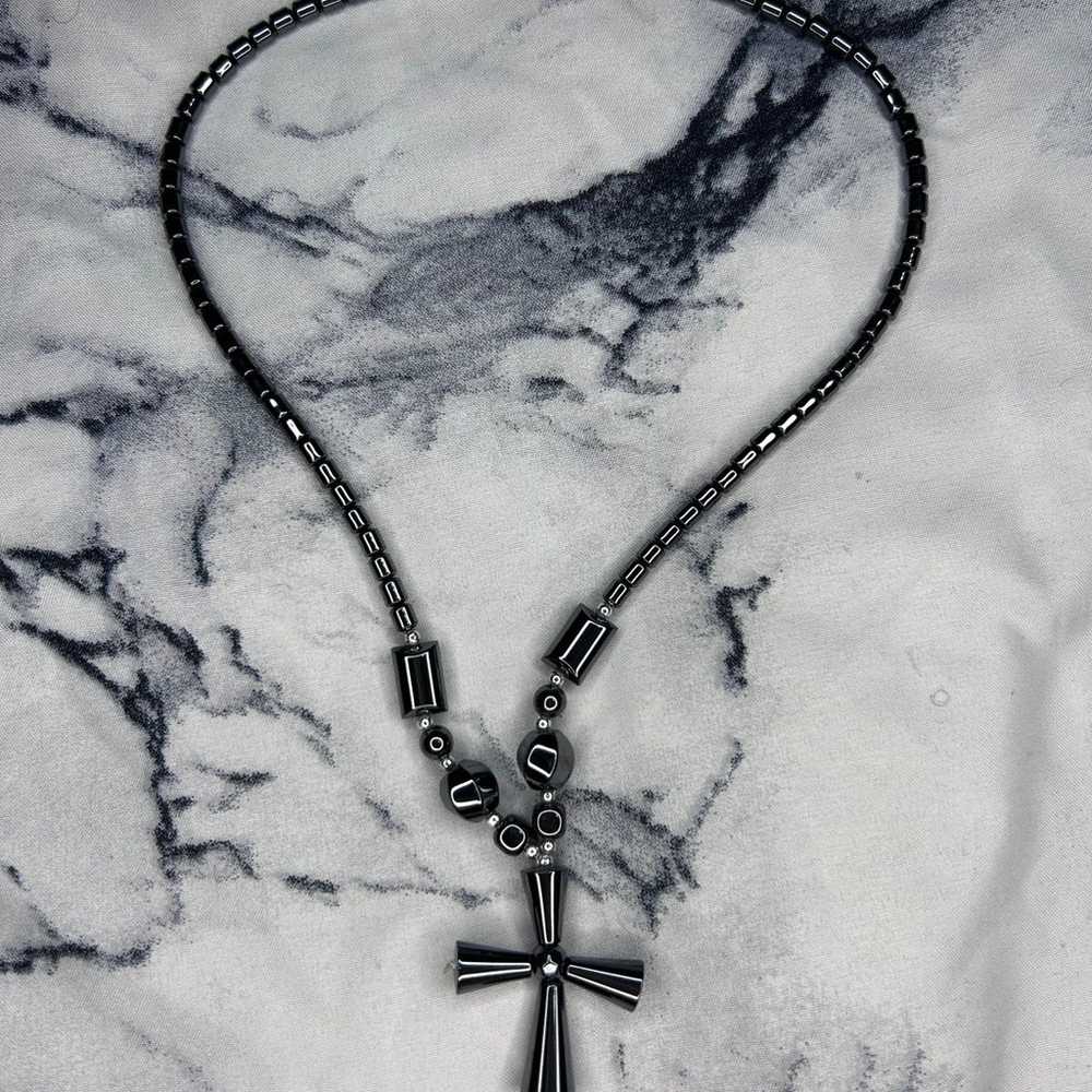 Hematite necklace cross handmade - image 2