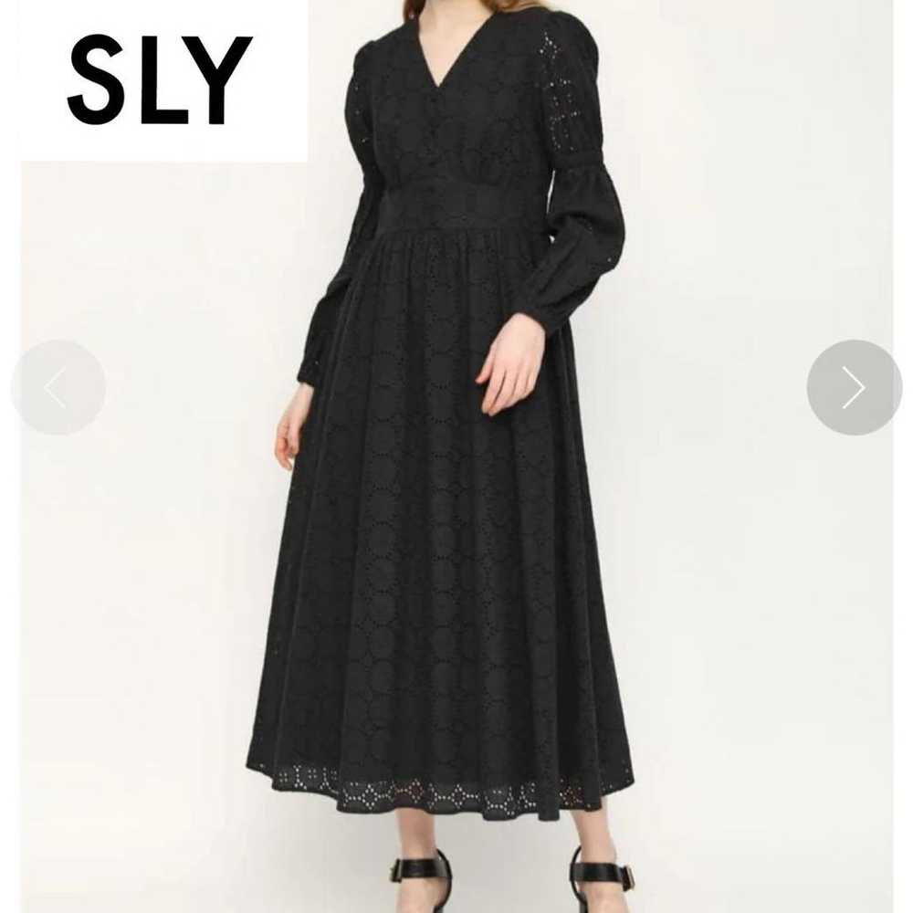 SLY Cotton Lace Black Long Dress V-Neck Embroider… - image 1