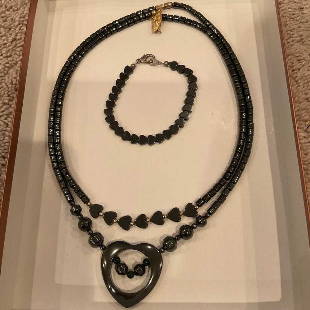 Vintage Hematite Heart Necklace & Bracelet Set - image 1