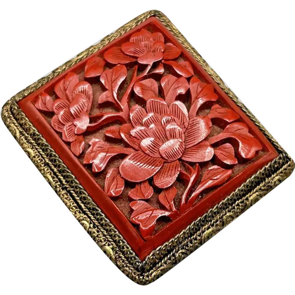 Antique Chinese Red Cinnabar Carved Floral Dress … - image 1