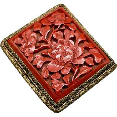 Antique Chinese Red Cinnabar Carved Floral Dress … - image 1