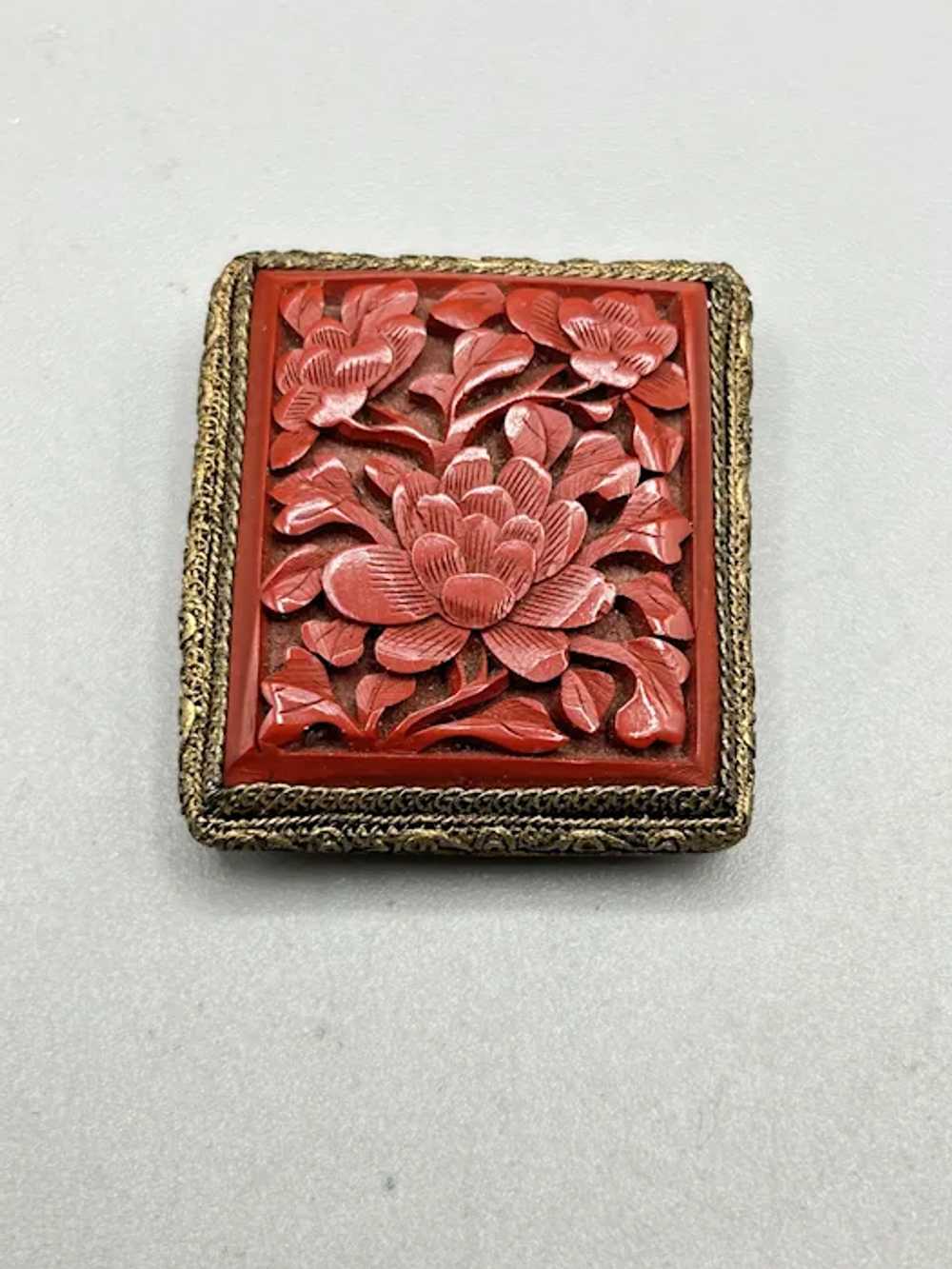 Antique Chinese Red Cinnabar Carved Floral Dress … - image 2
