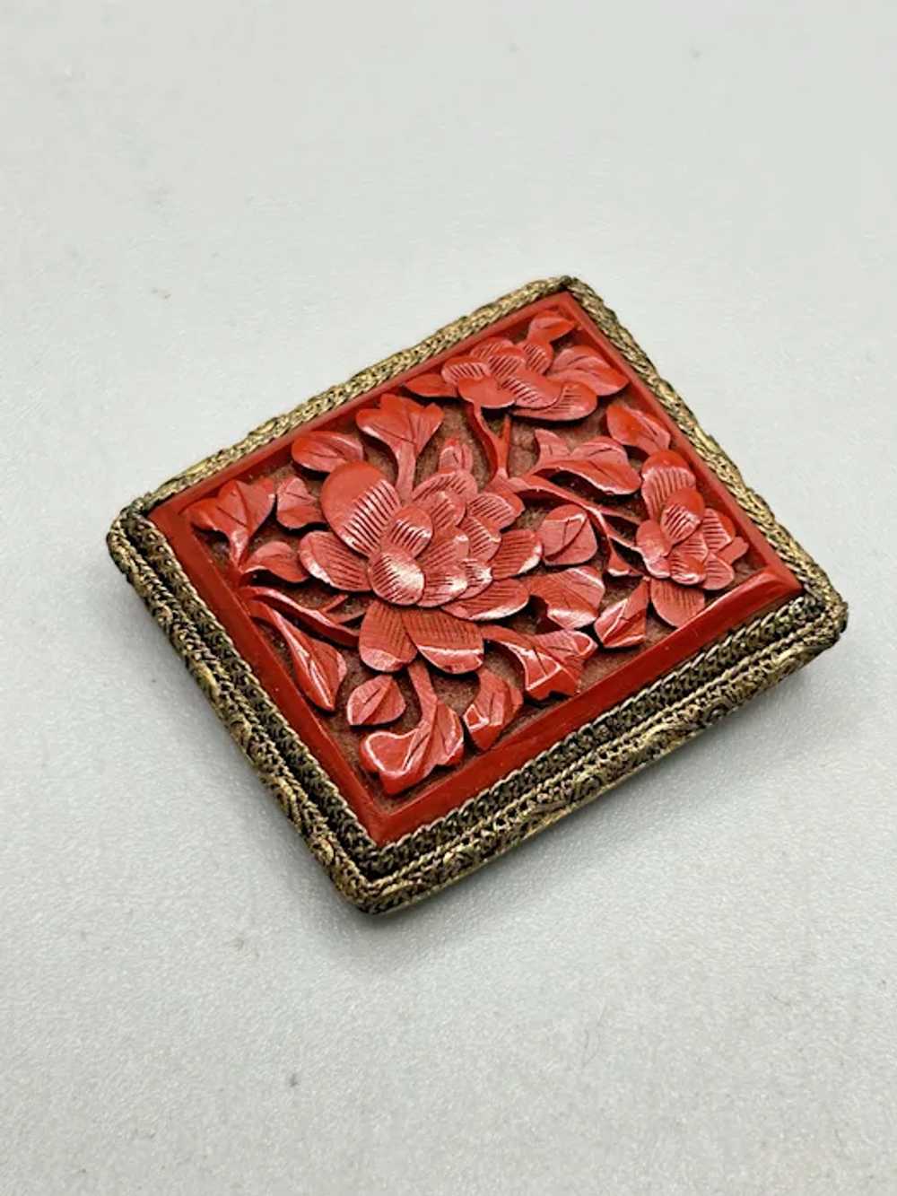 Antique Chinese Red Cinnabar Carved Floral Dress … - image 3