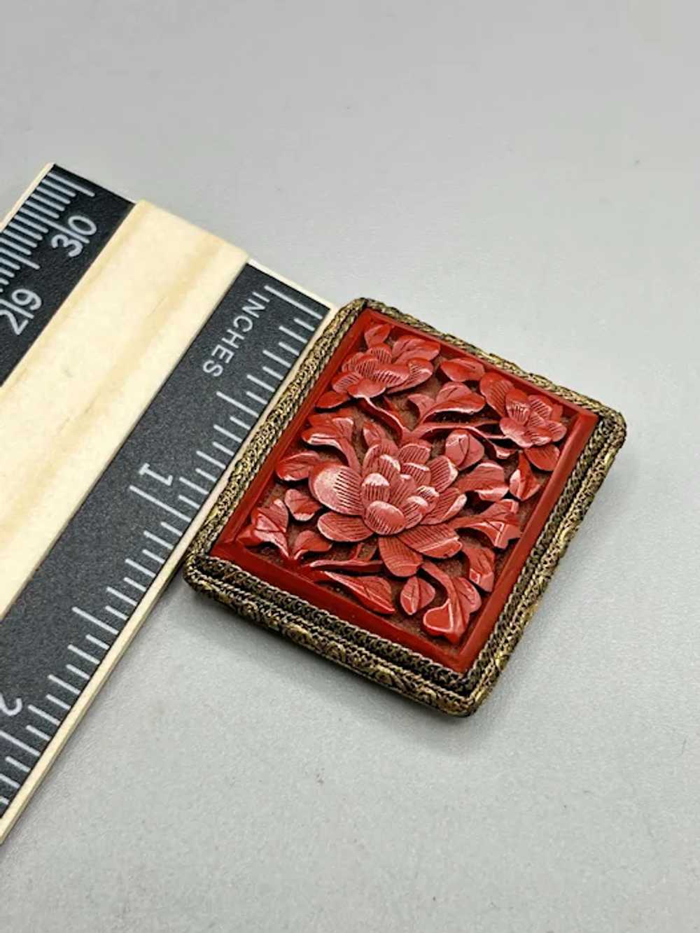 Antique Chinese Red Cinnabar Carved Floral Dress … - image 6