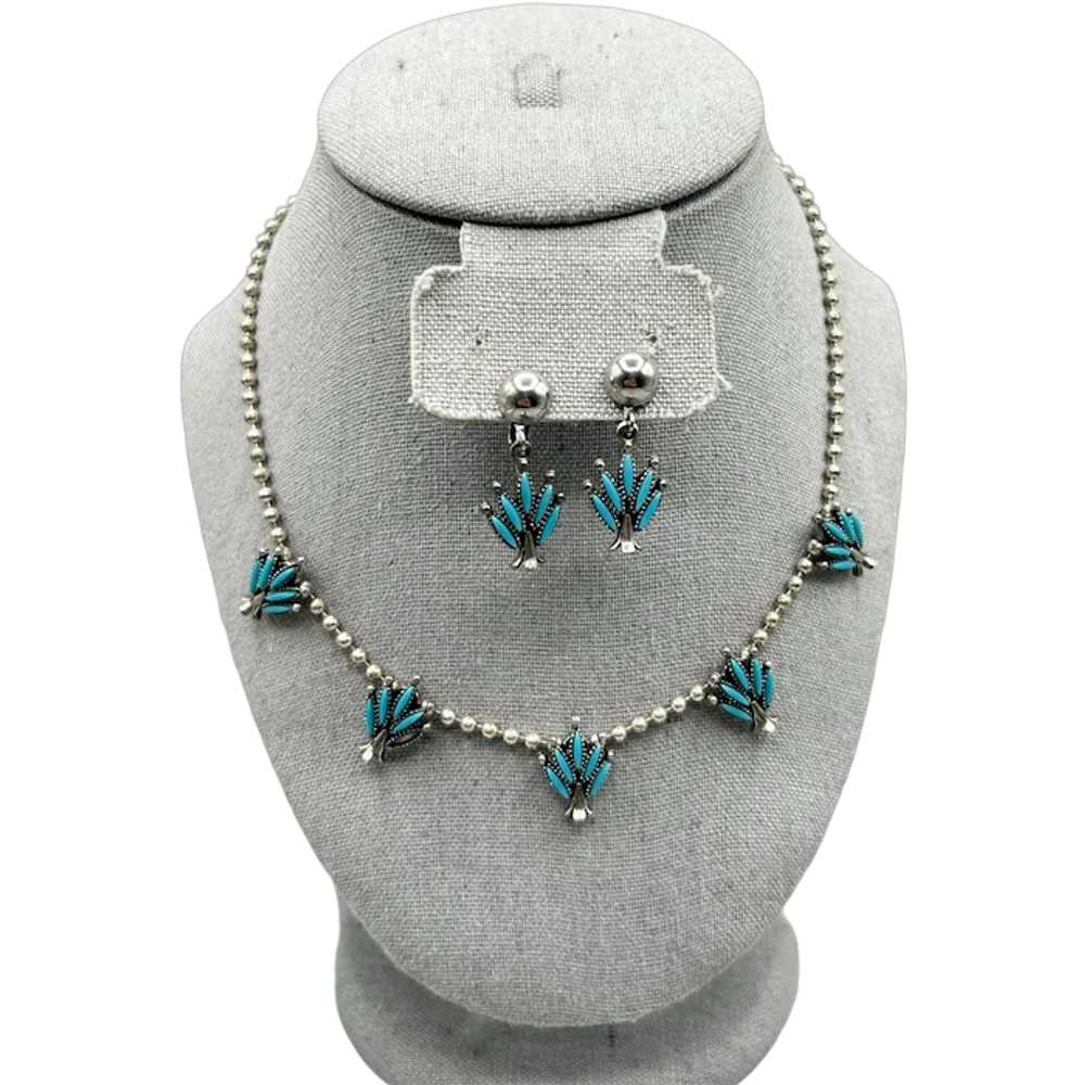 Vintage Silver Tone Faux Turquoise Squash Blossom… - image 1