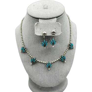 Vintage Silver Tone Faux Turquoise Squash Blossom… - image 1