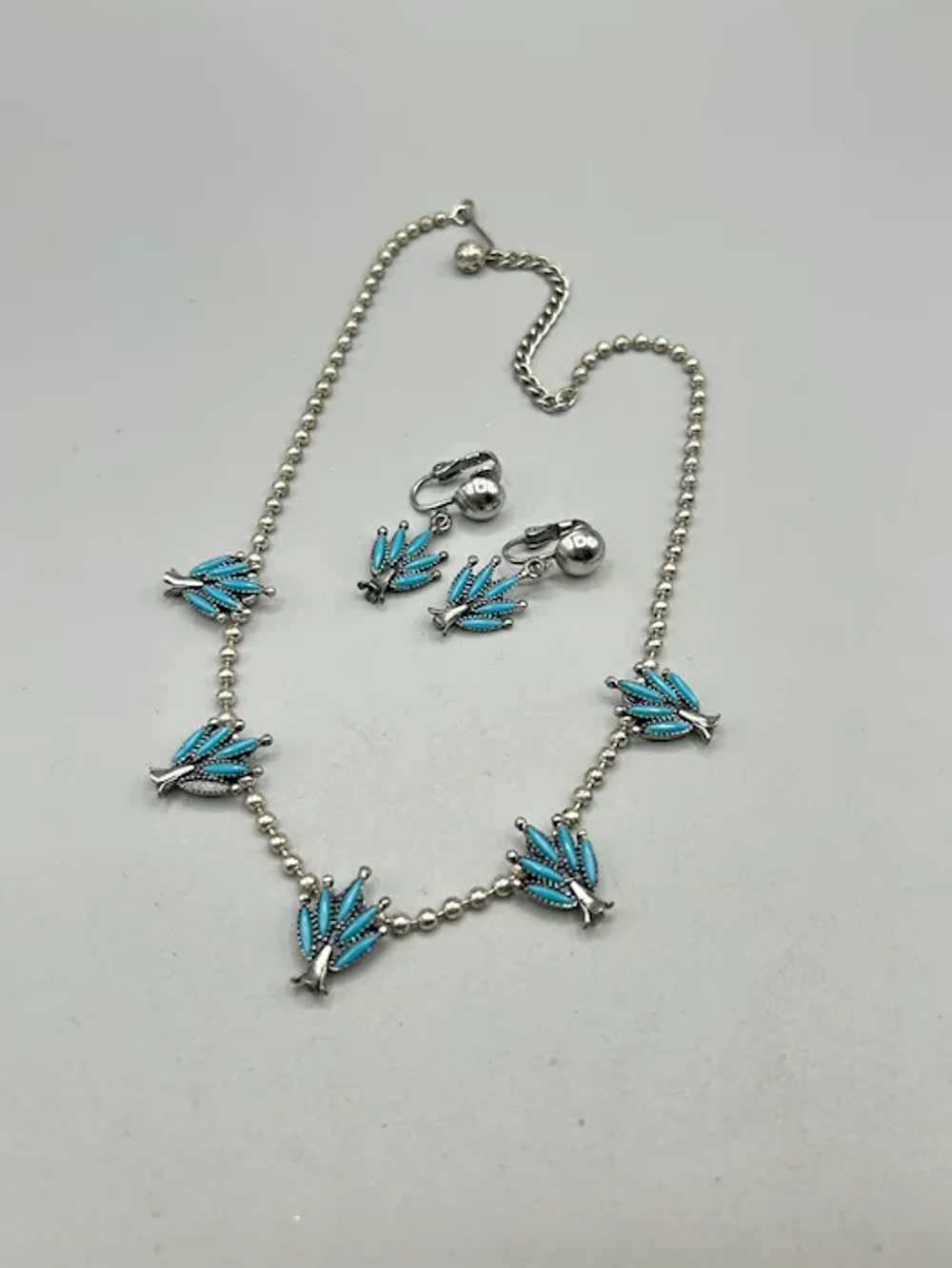 Vintage Silver Tone Faux Turquoise Squash Blossom… - image 3