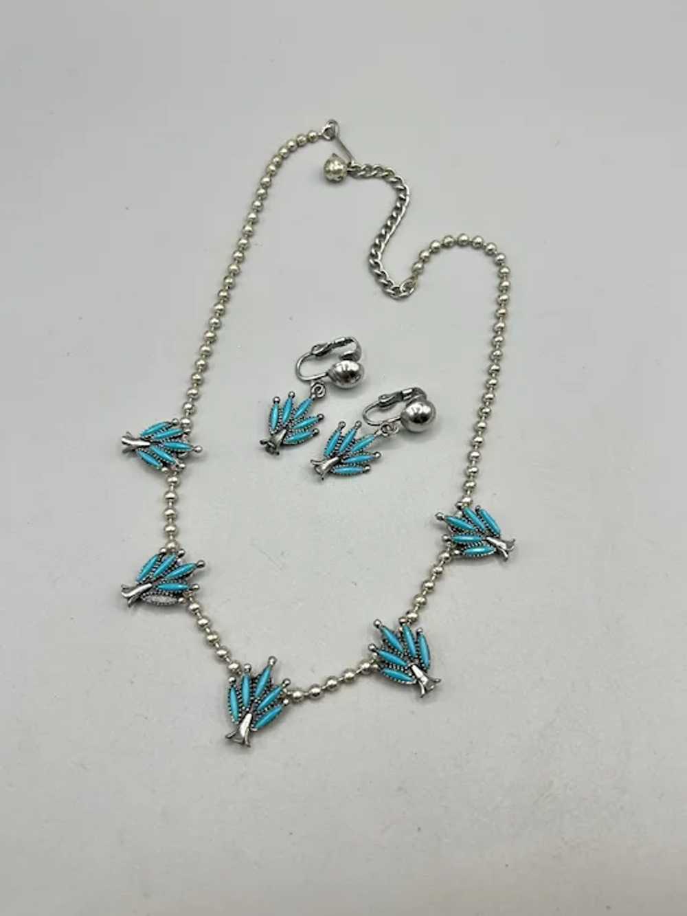 Vintage Silver Tone Faux Turquoise Squash Blossom… - image 4