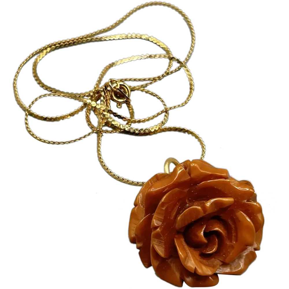 Carved Bakelite Rose Pendant Necklace Gold Tone C… - image 1