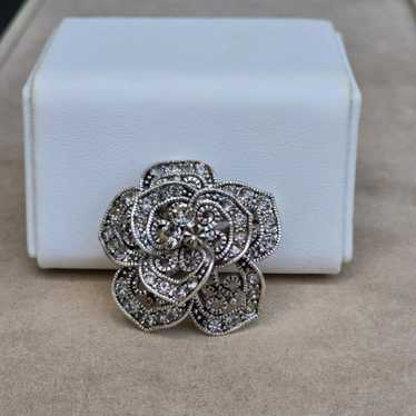 Vintage Camelia Flower Clear Rhinestones Silver T… - image 1