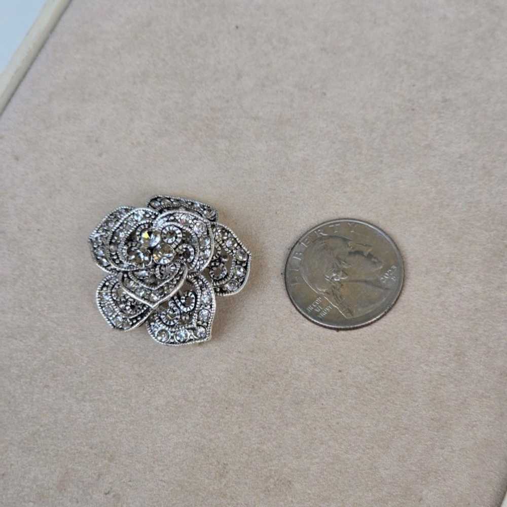 Vintage Camelia Flower Clear Rhinestones Silver T… - image 2