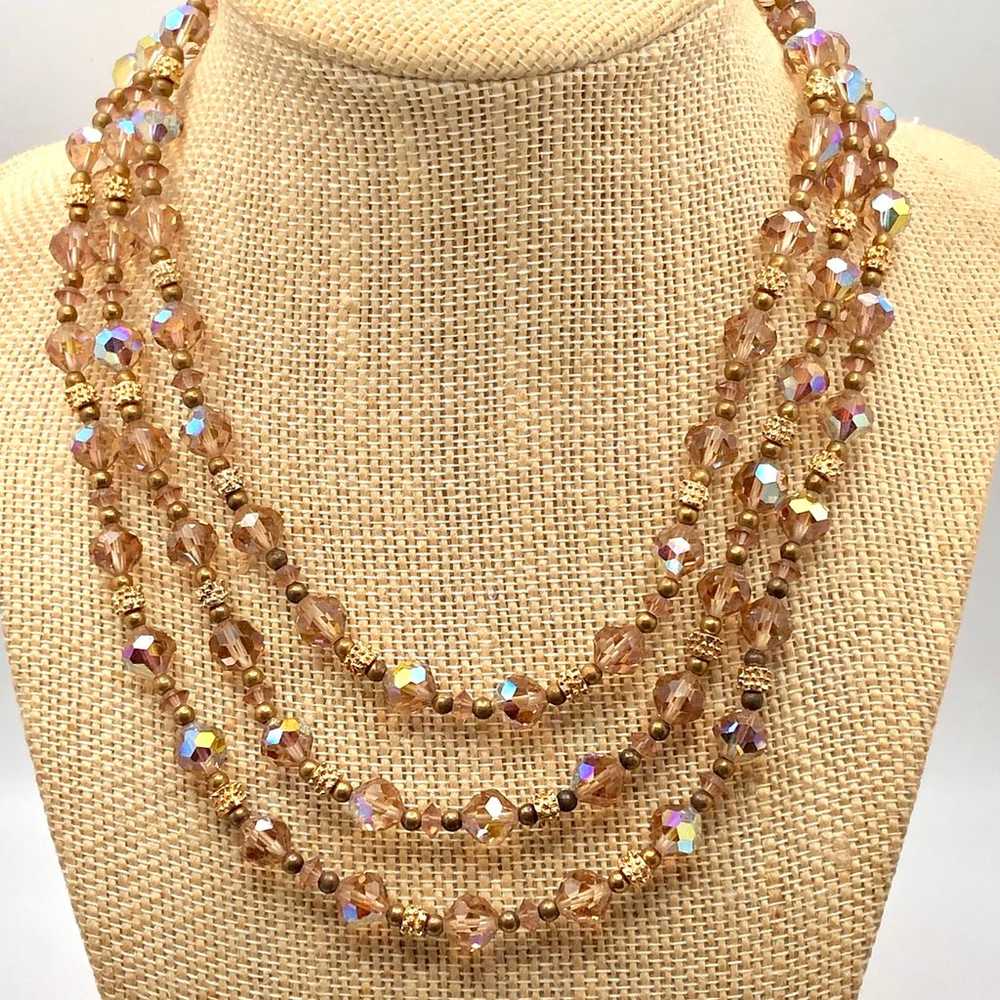 Triple Strand Golden Austrian Glass Beaded Neckla… - image 1