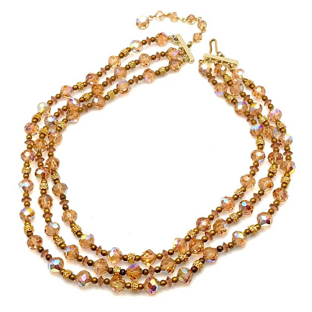 Triple Strand Golden Austrian Glass Beaded Neckla… - image 3