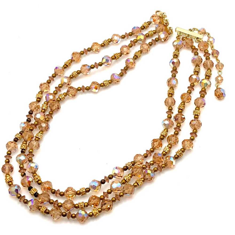 Triple Strand Golden Austrian Glass Beaded Neckla… - image 4