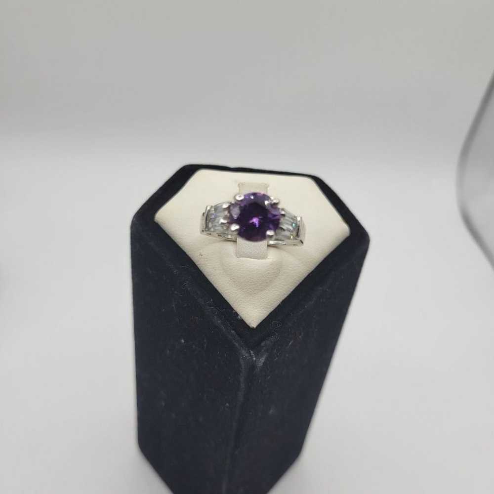 Vintage Purple Amethyst Silver tone CZ Ring - image 3