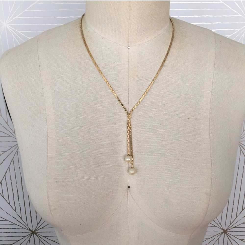 Vintage Hobe signed gold X shape pearls necklace - image 1