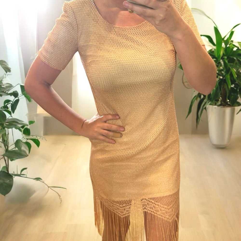 Vintage Gold Metallic Fringe Hem Dress Size 4P - image 1