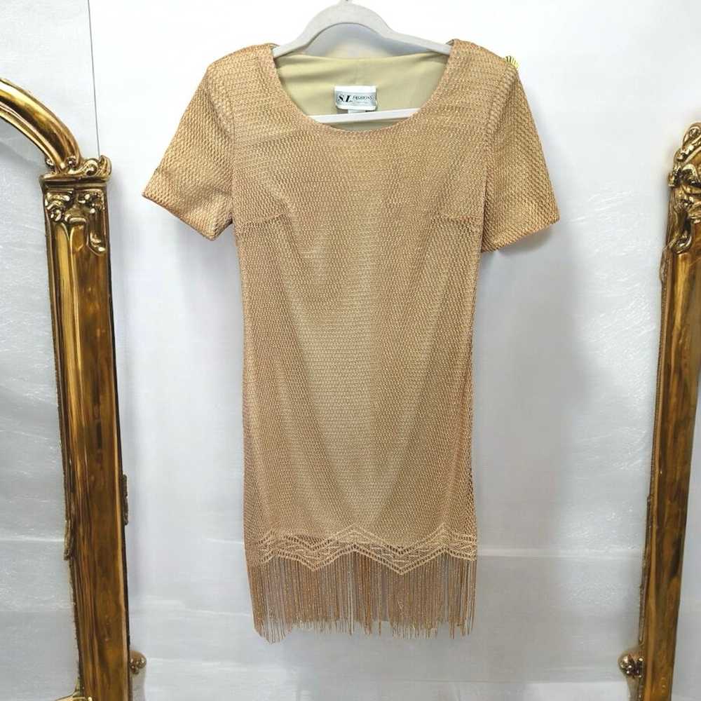 Vintage Gold Metallic Fringe Hem Dress Size 4P - image 2