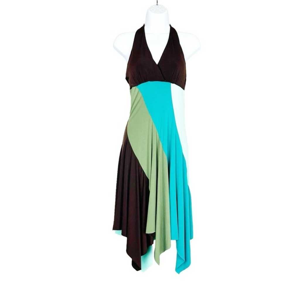 Vintage Y2K XOXO Brown and Teal Halter Dress with… - image 1