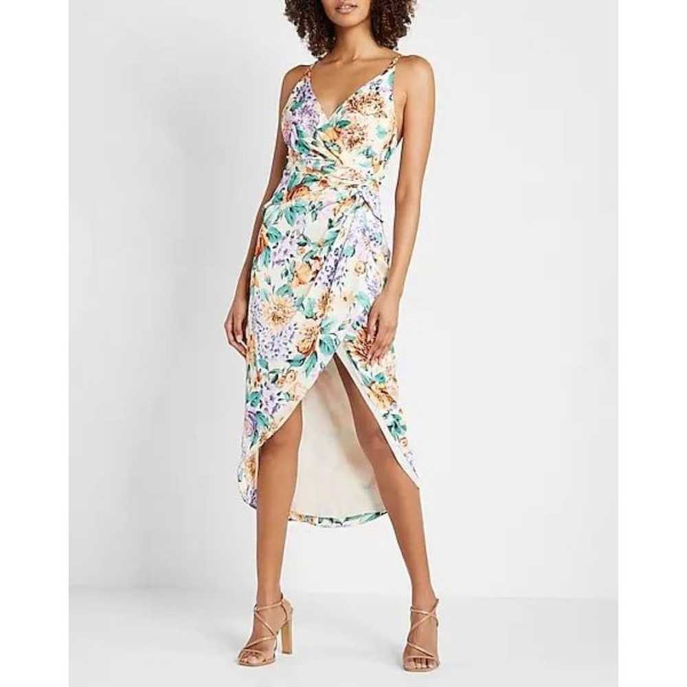 Express Floral Wrap Twist Satin Midi Dress Sleeve… - image 1