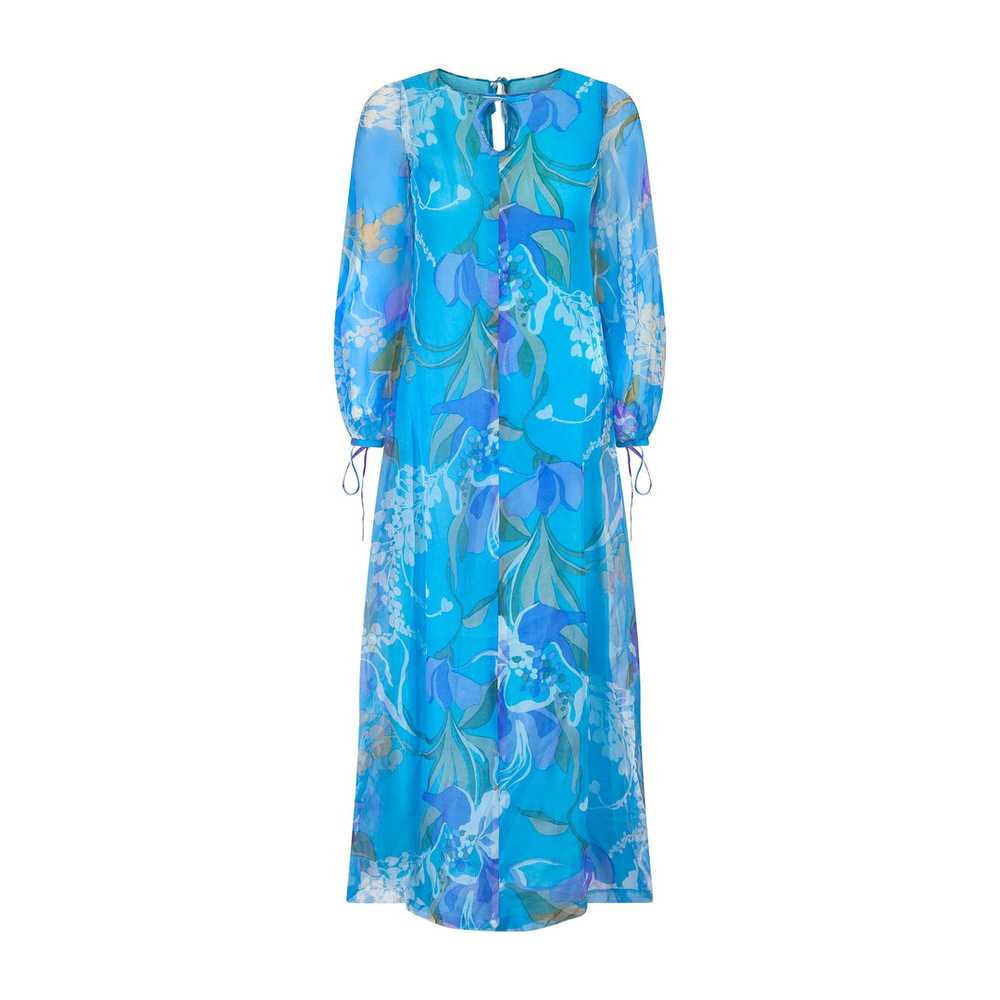 1960s Turquoise Floral Silk Organza Maxi Dress wi… - image 1